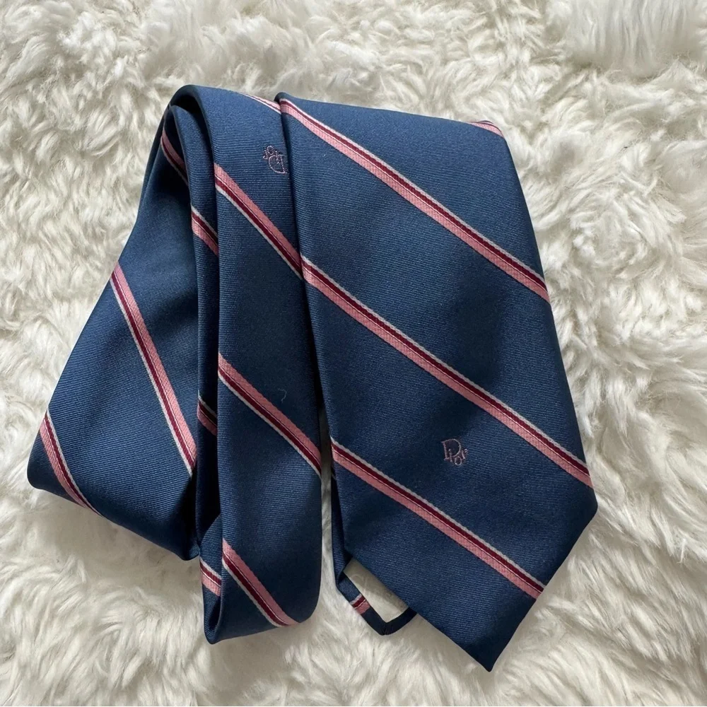 Christian Dior Navy and Light Pink Striped Tie
